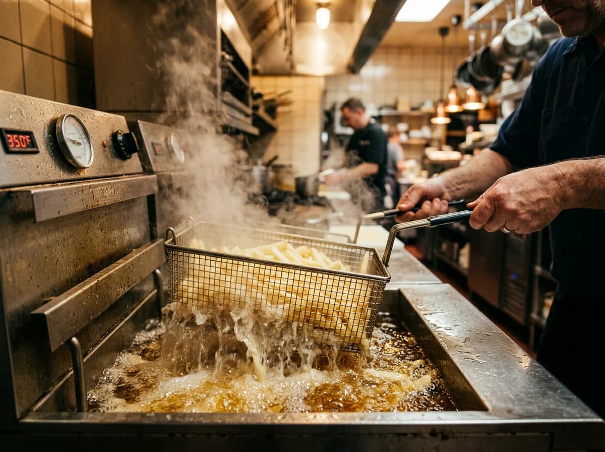 Cuisson des frites fraîches en restaurant professionnel